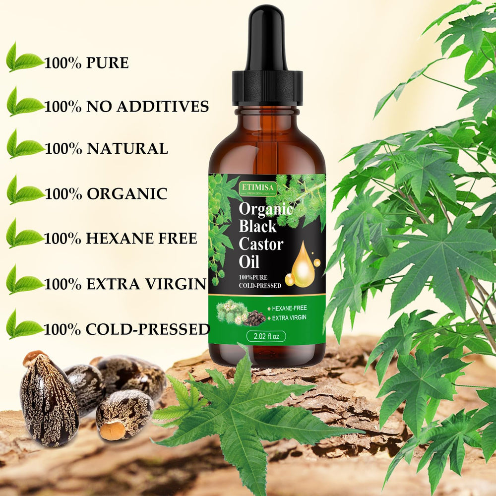 Etimisa Organic Black Castor Oil glass bottle on display for skincare