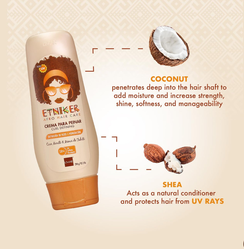 ETNIKER Curl Defining Cream protective shield guards against heat and UV.