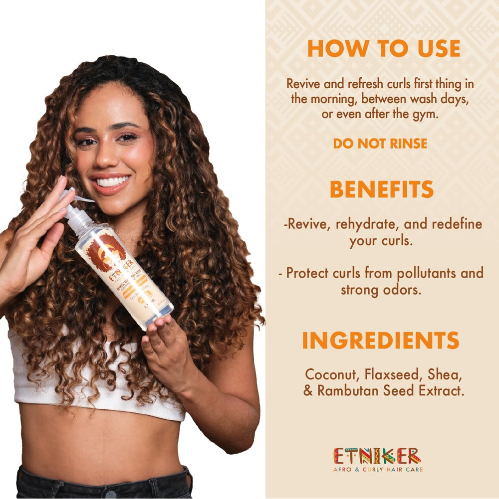 ETNIKER Curl Refresher Spray mist delivers a light, long-lasting scent