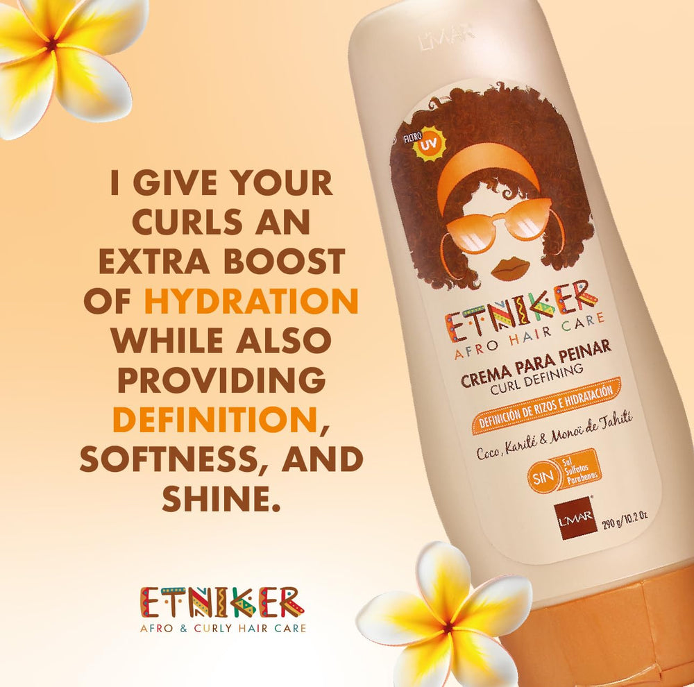ETNIKER Curl Defining Cream ingredients list highlights coconut oil and shea butter benefits.