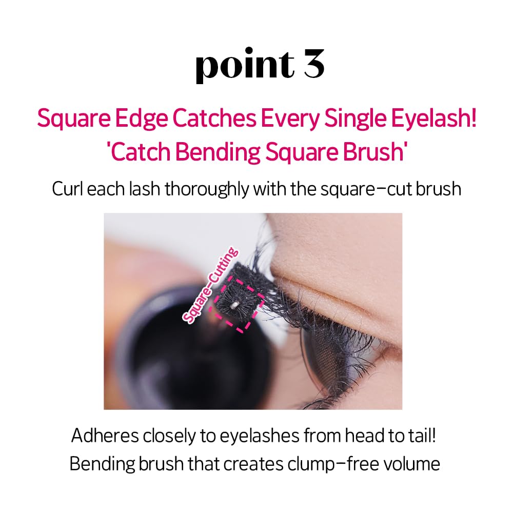 Application close-up shows even coating across lashes with ETUDE Curl Fix.