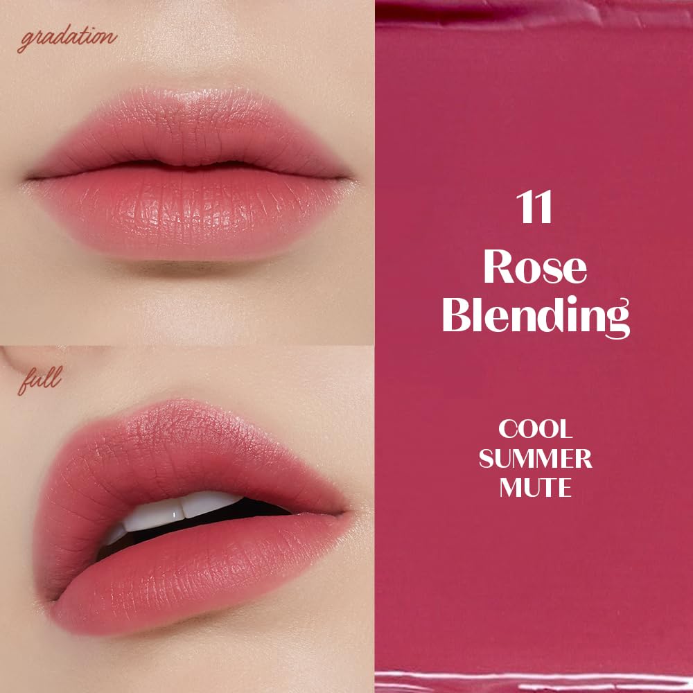 Etude Fixing Tint Rose Blending liquid lip swatch on lips with lightweight matte feel.