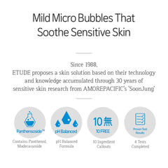 ETUDE SoonJung micro-foam close-up illustrating a gentle, moisturizing lather for sensitive skin.