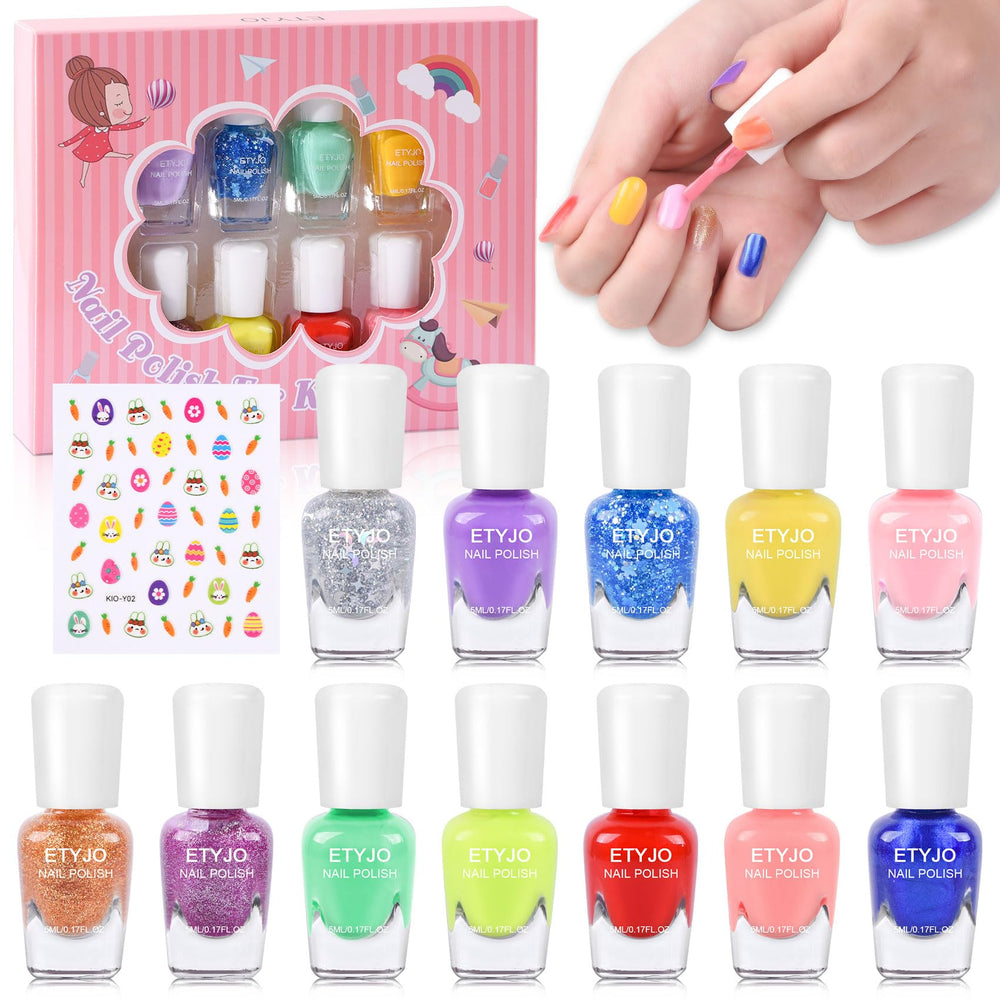 ETYJO 12 rainbow colors nail polish kit packaging showing kid friendly design for safe play