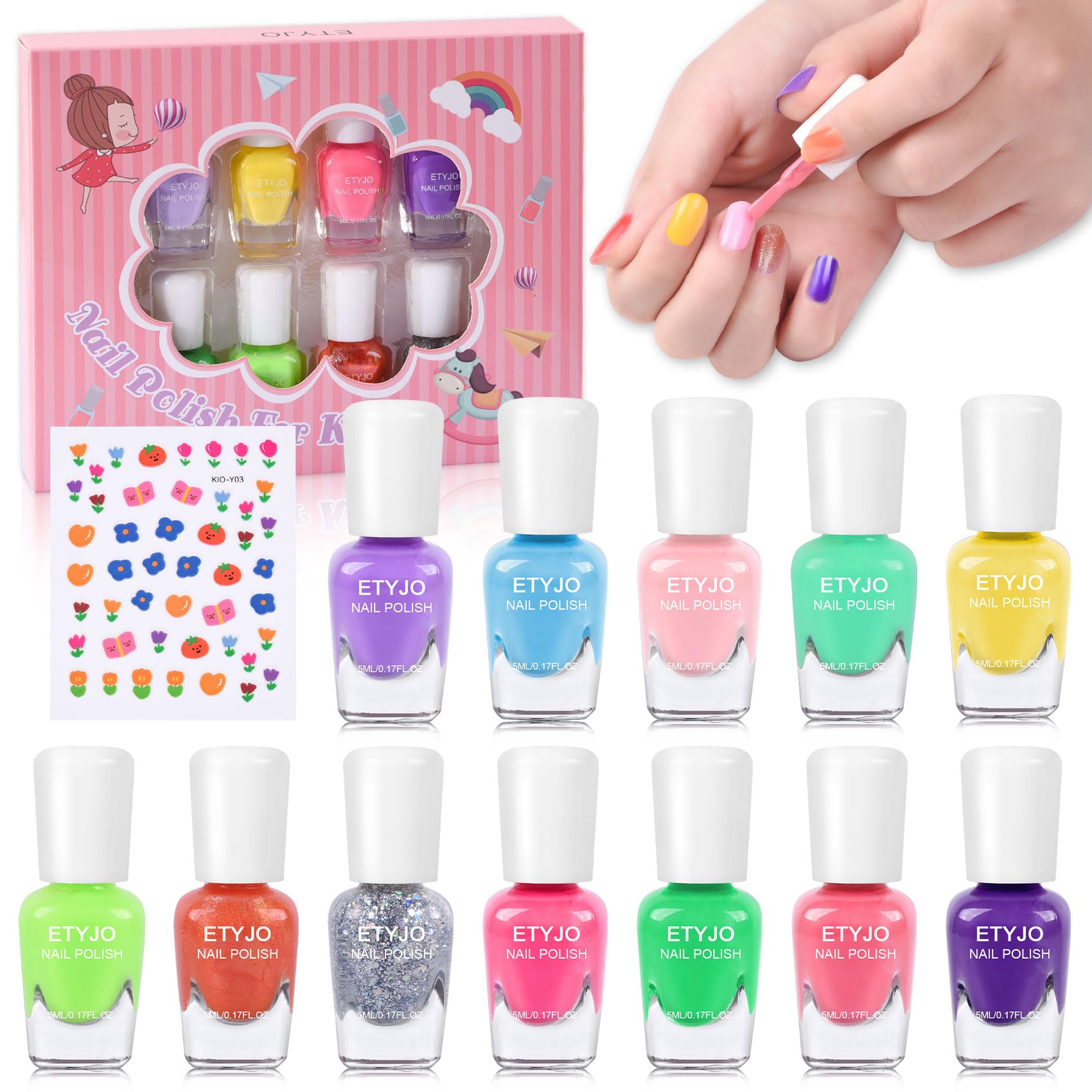 ETYJO Kids Nail Polish Set with 12 color bottles for playful manicures.