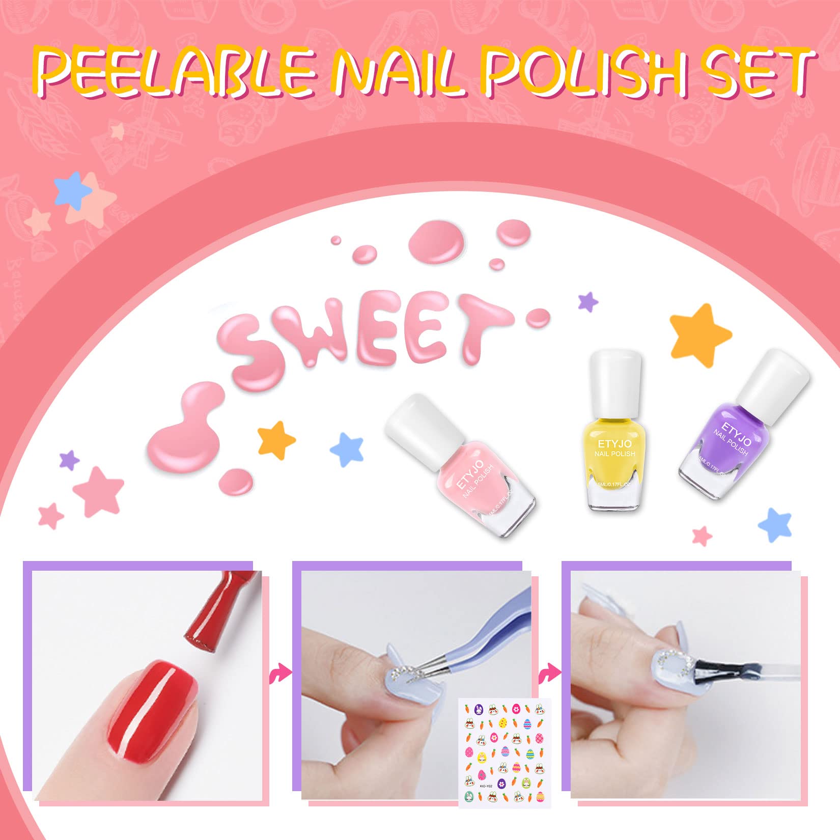 ETYJO 12-color set features glitter and solid shades with stickers.