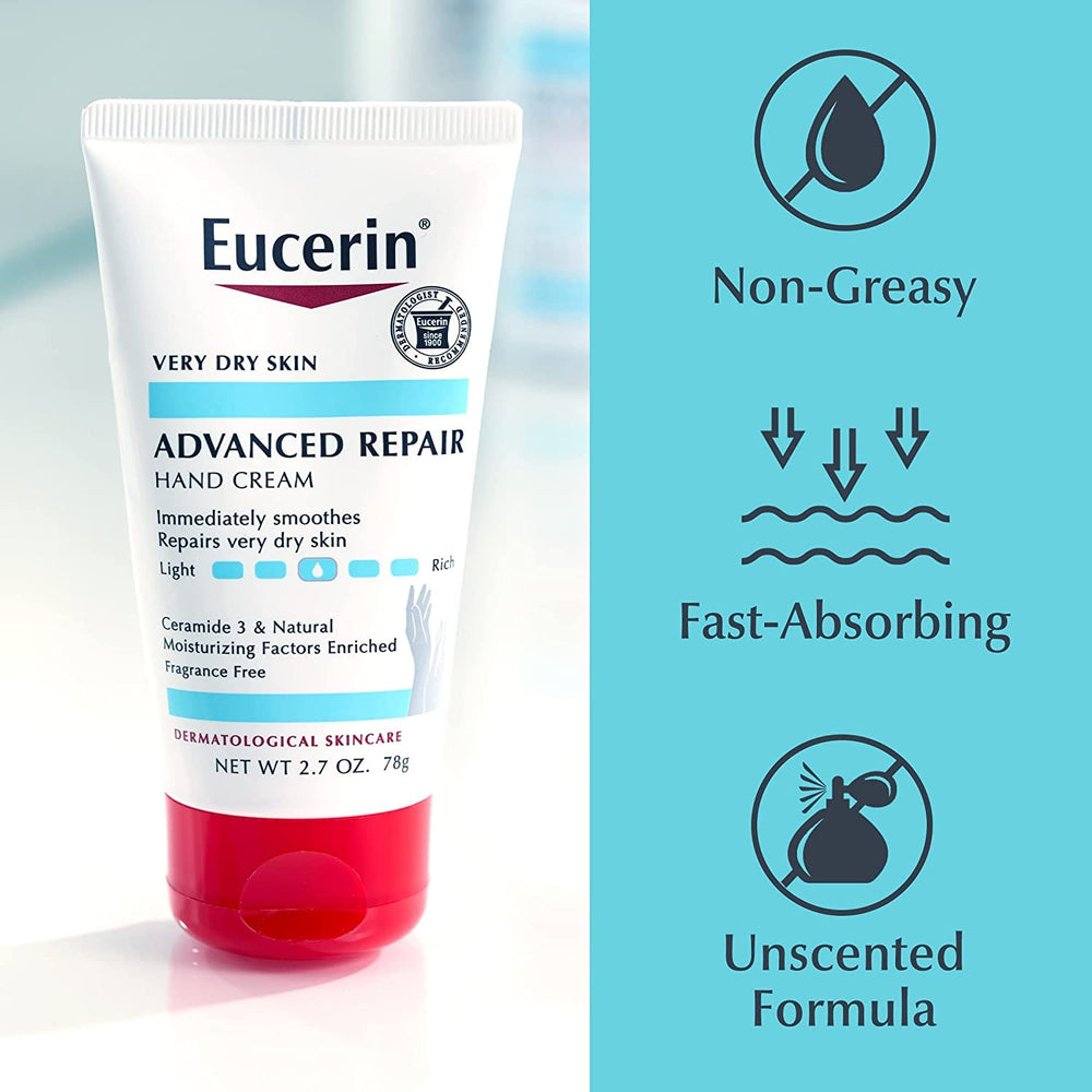 Four-pack of Eucerin Advanced Repair Hand Creme on shelf