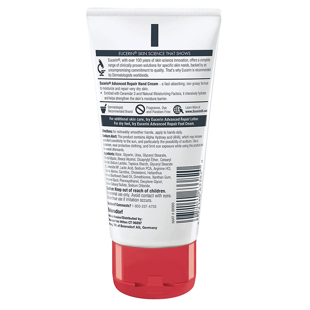 Eucerin Advanced Repair Hand Creme texture close-up, creamy, fast-absorbing moisture