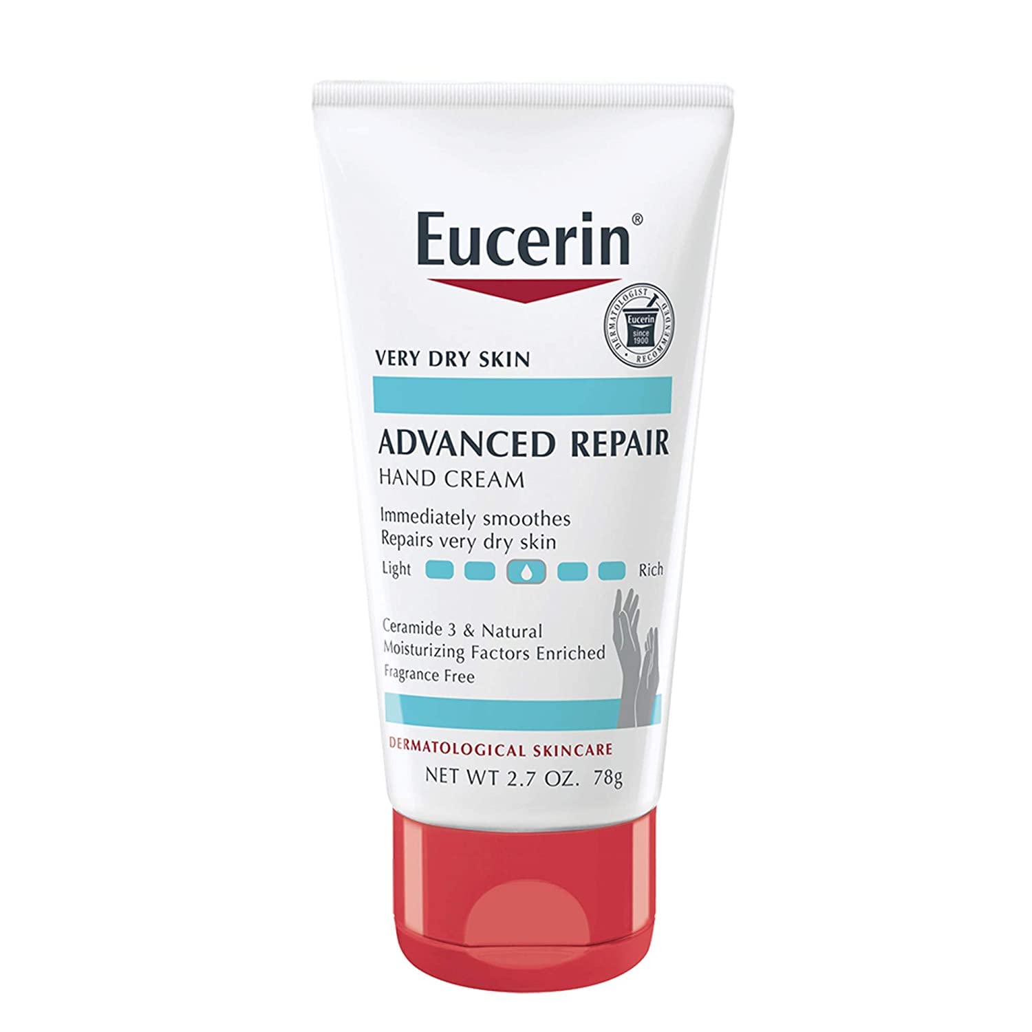Eucerin Advanced Repair Hand Creme pack4 tube close-up showing non-greasy moisture