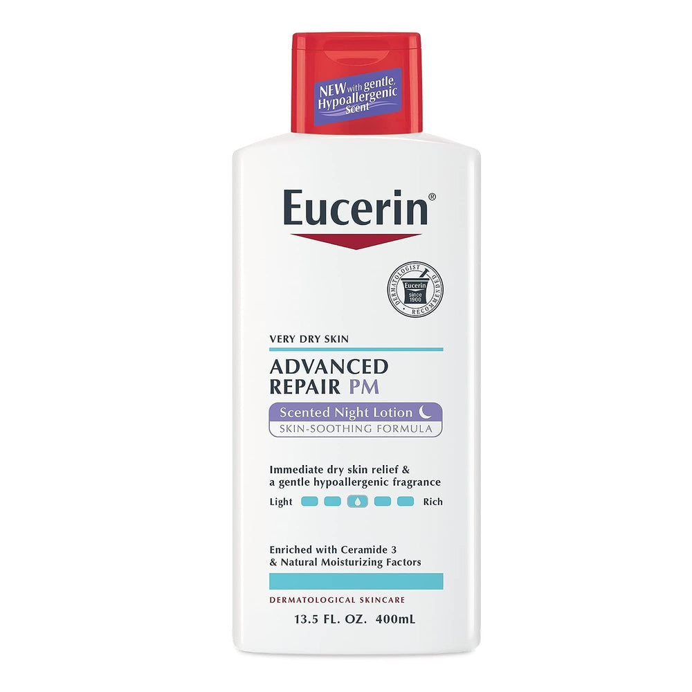 Eucerin Advanced Repair Night Lotion bottle promoting long-lasting hydration