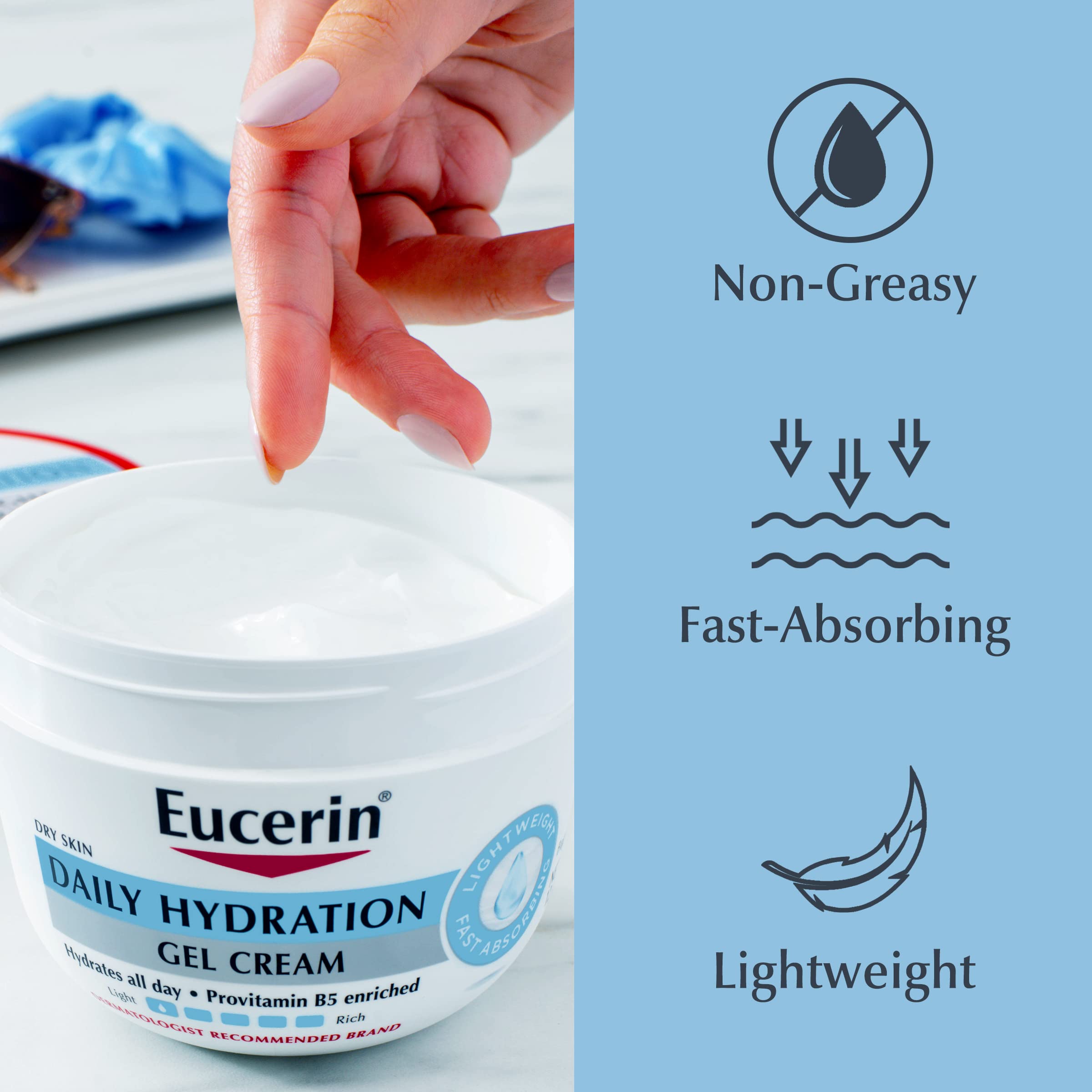 Non-greasy finish shown on skin with Eucerin Daily Hydration Gel Cream.