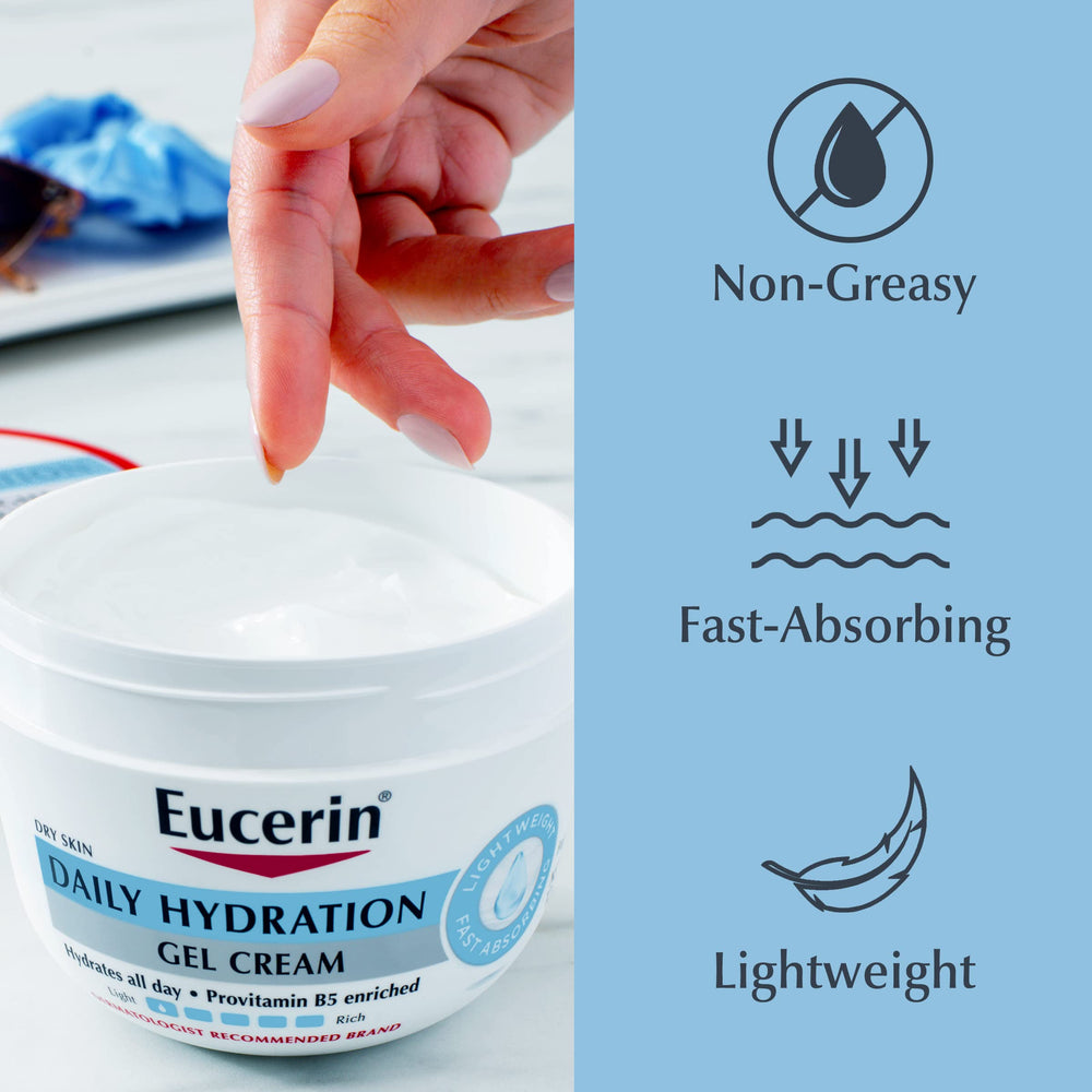 Non-greasy finish shown on skin with Eucerin Daily Hydration Gel Cream.