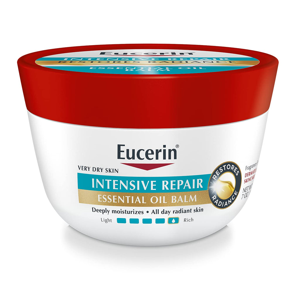 Eucerin Intensive Repair Essential Oil Balm jar close-up showing rich hydration for very dry skin