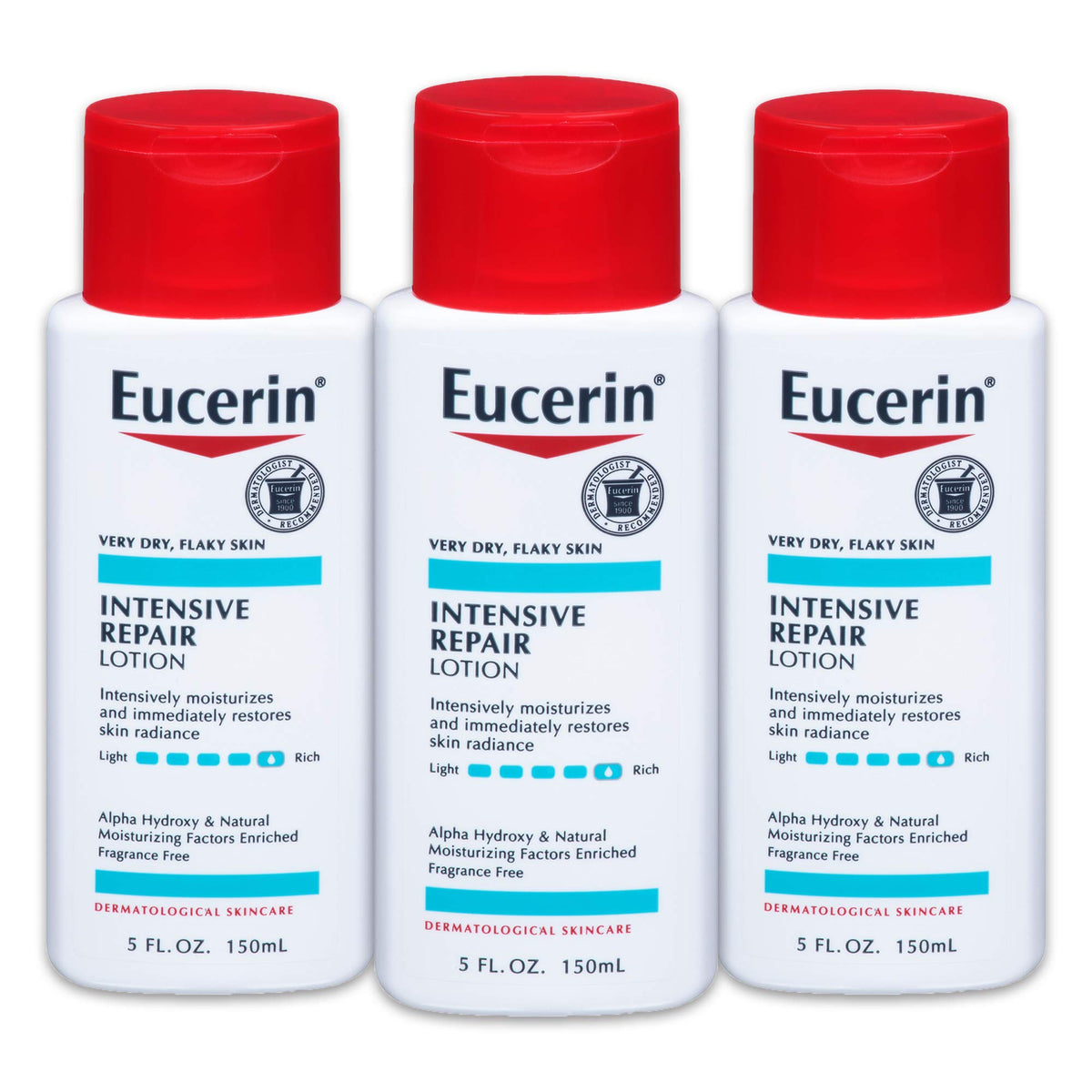 Eucerin Intensive Repair Lotion 3-pack bottles for easy daily moisturization