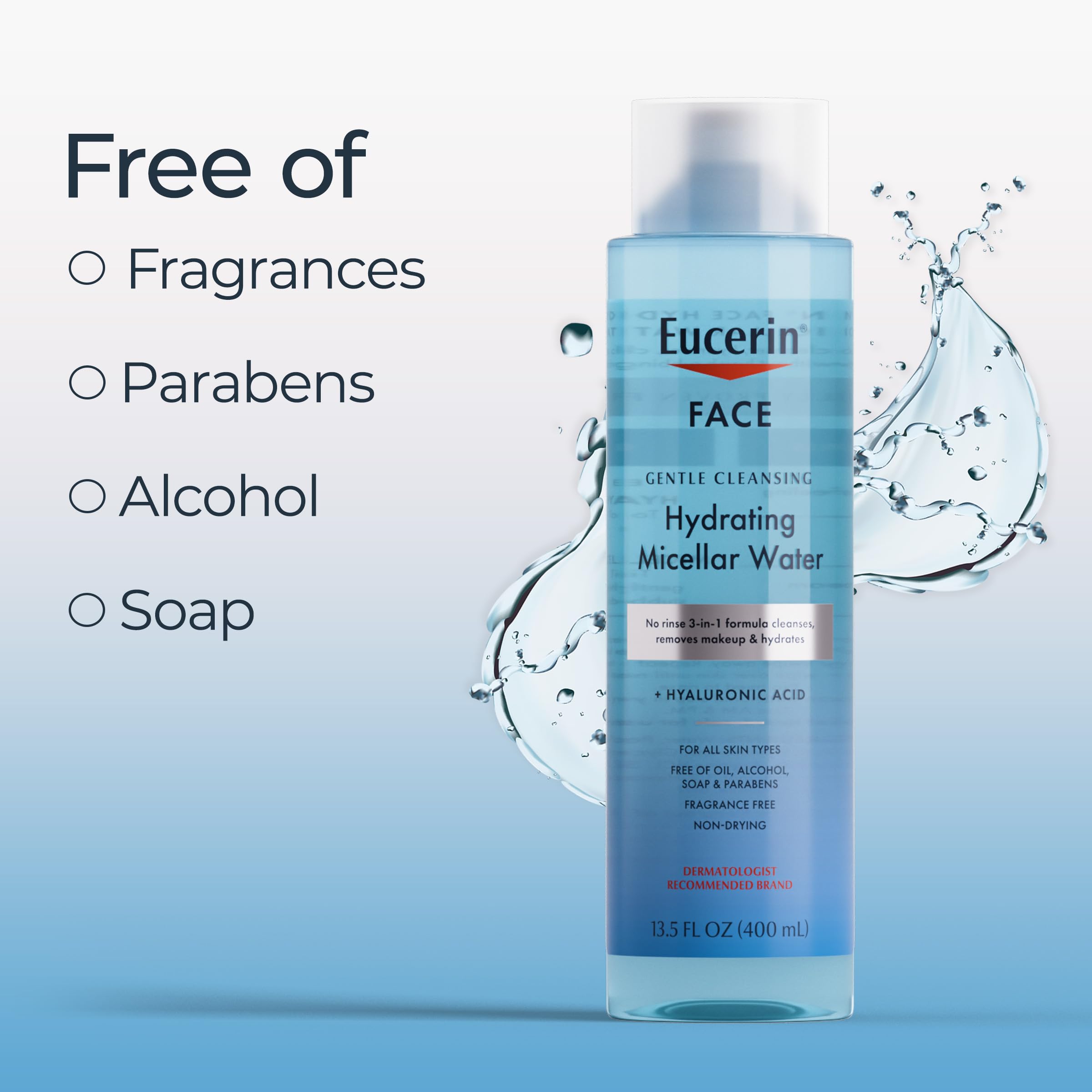 Eucerin micellar water face cleansing demonstrates a gentle, residue-free cleanse