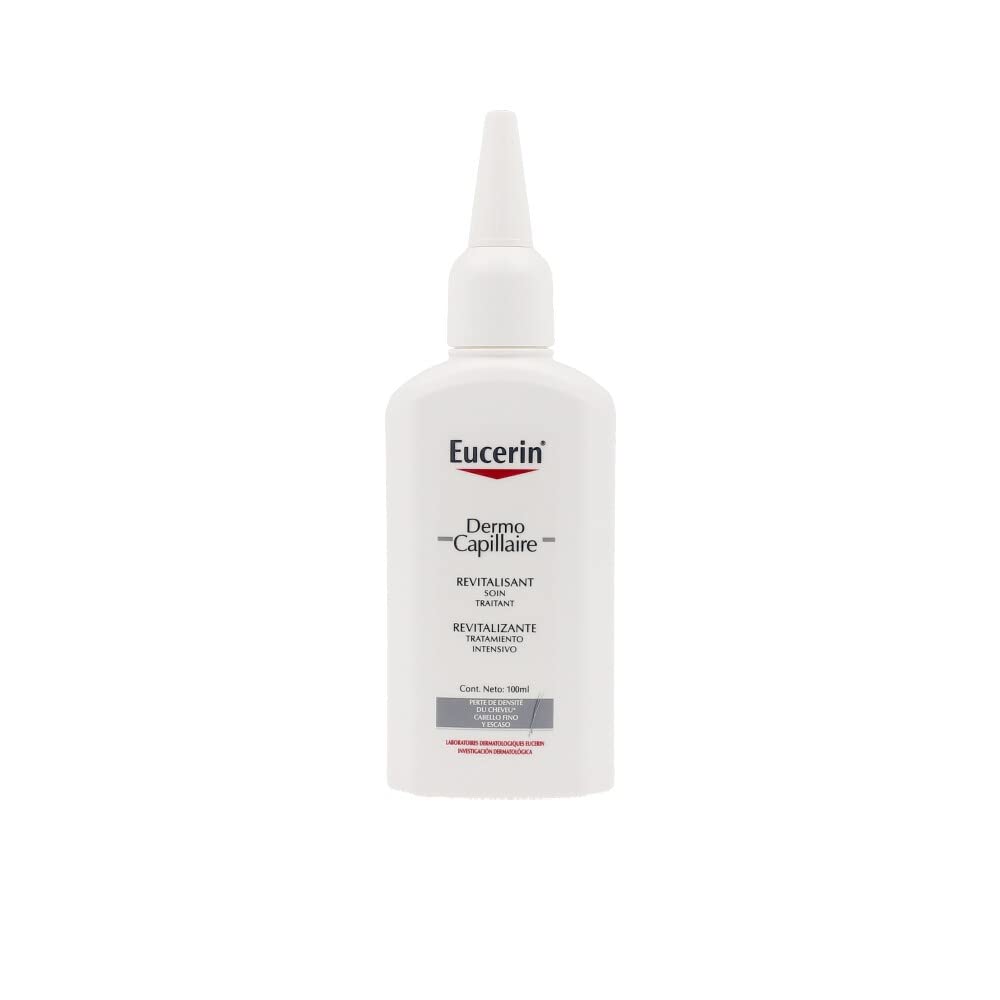 Eucerin Re-vitalizing Scalp Treatment bottle for thinning hair boosts energy and scalp comfort.