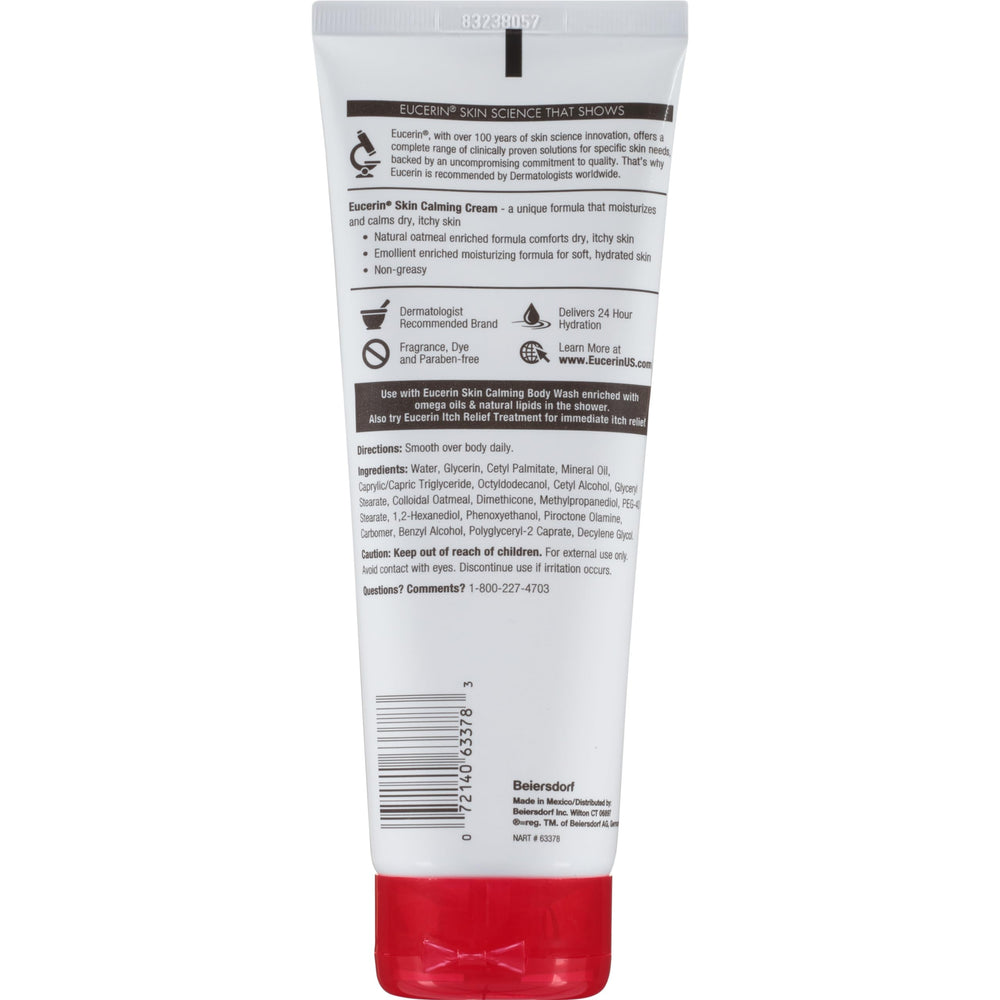 Back label detail of Eucerin Skin Calming Cream documenting tube size and ingredients.