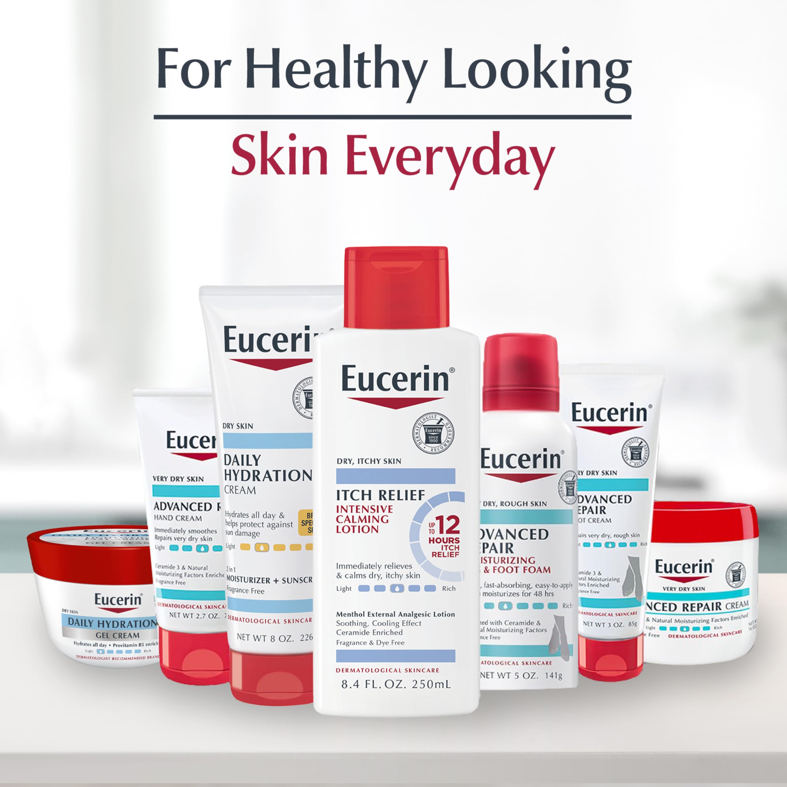 Sensitive skin icon with Eucerin logo reinforces safe, non-comedogenic formula.