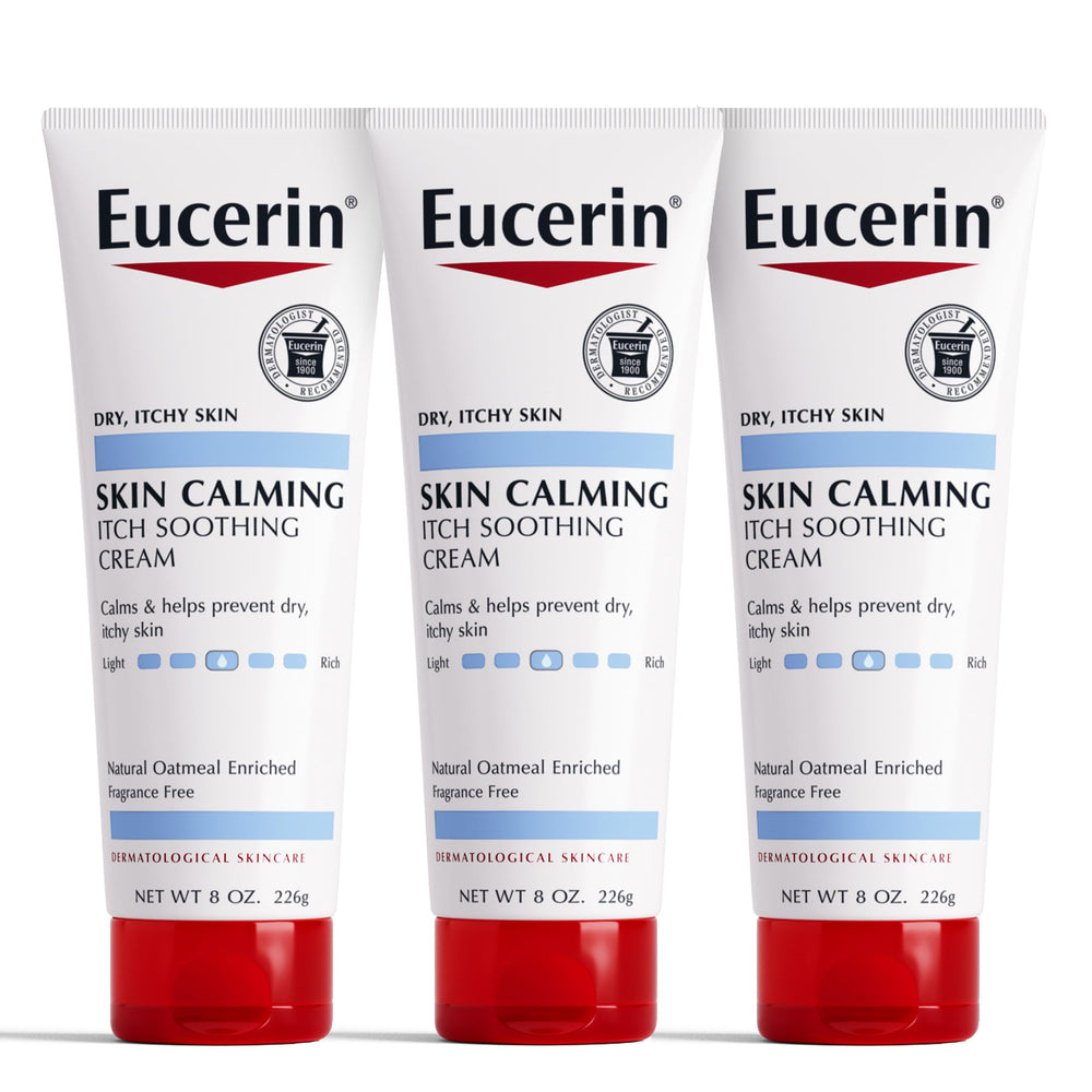 Eucerin Skin Calming Cream tube close-up showing fragrance-free, gentle formula for sensitive skin.