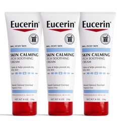 Eucerin Skin Calming Cream tube close-up showing fragrance-free, gentle formula for sensitive skin.