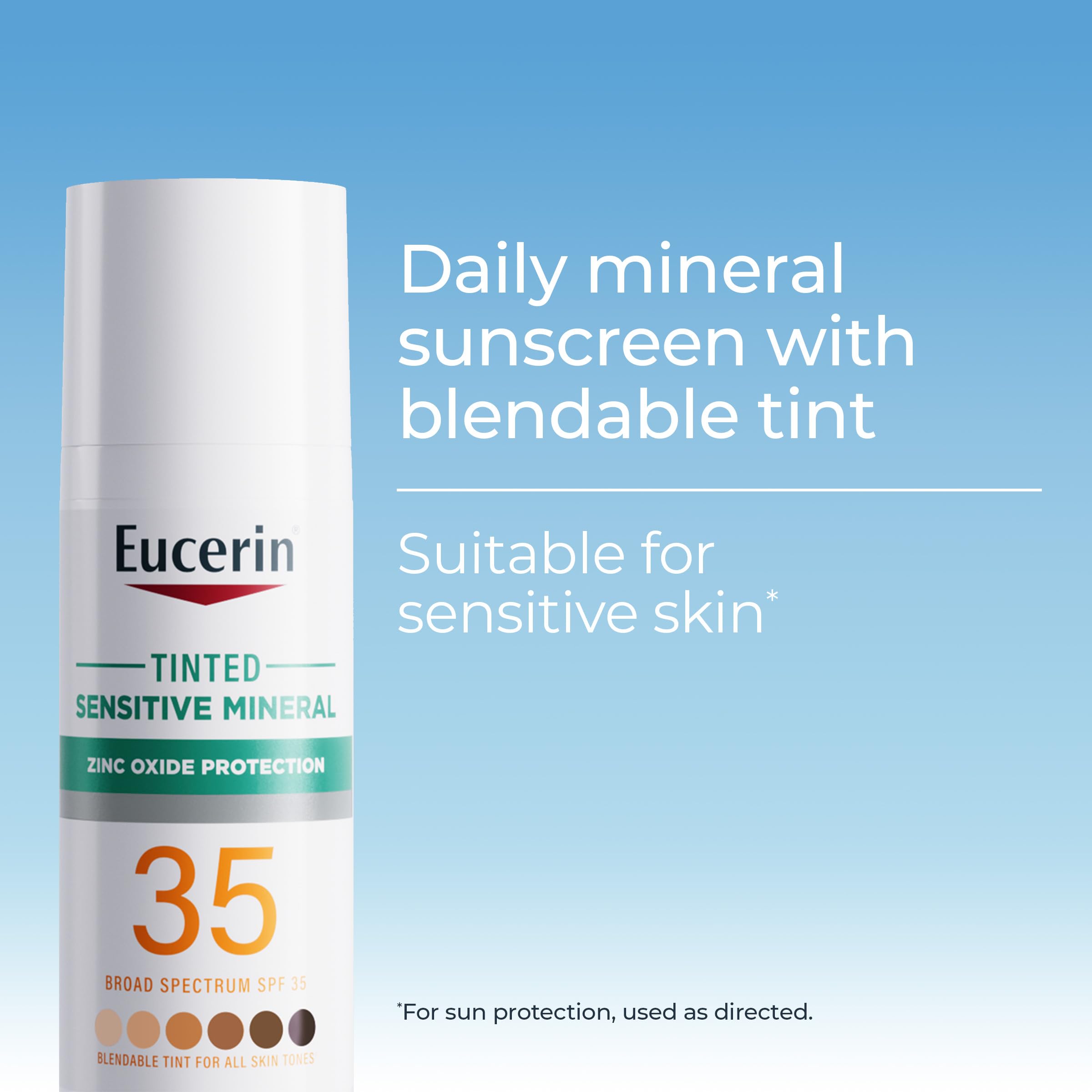 Pump-top bottle of Eucerin Sun Tinted Mineral Sunscreen Lotion SPF 35 for on-the-go protection.