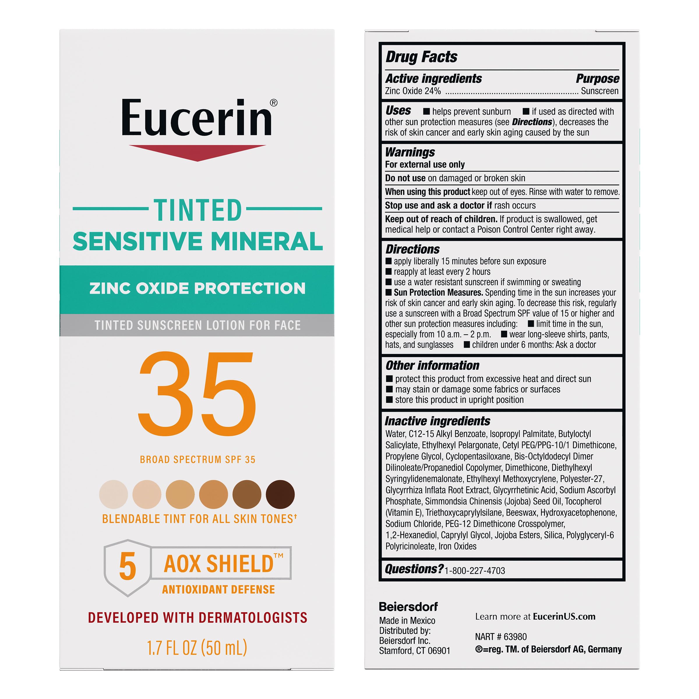 Travel-size bottle of Eucerin Sun Tinted Mineral Sunscreen Lotion with pump.