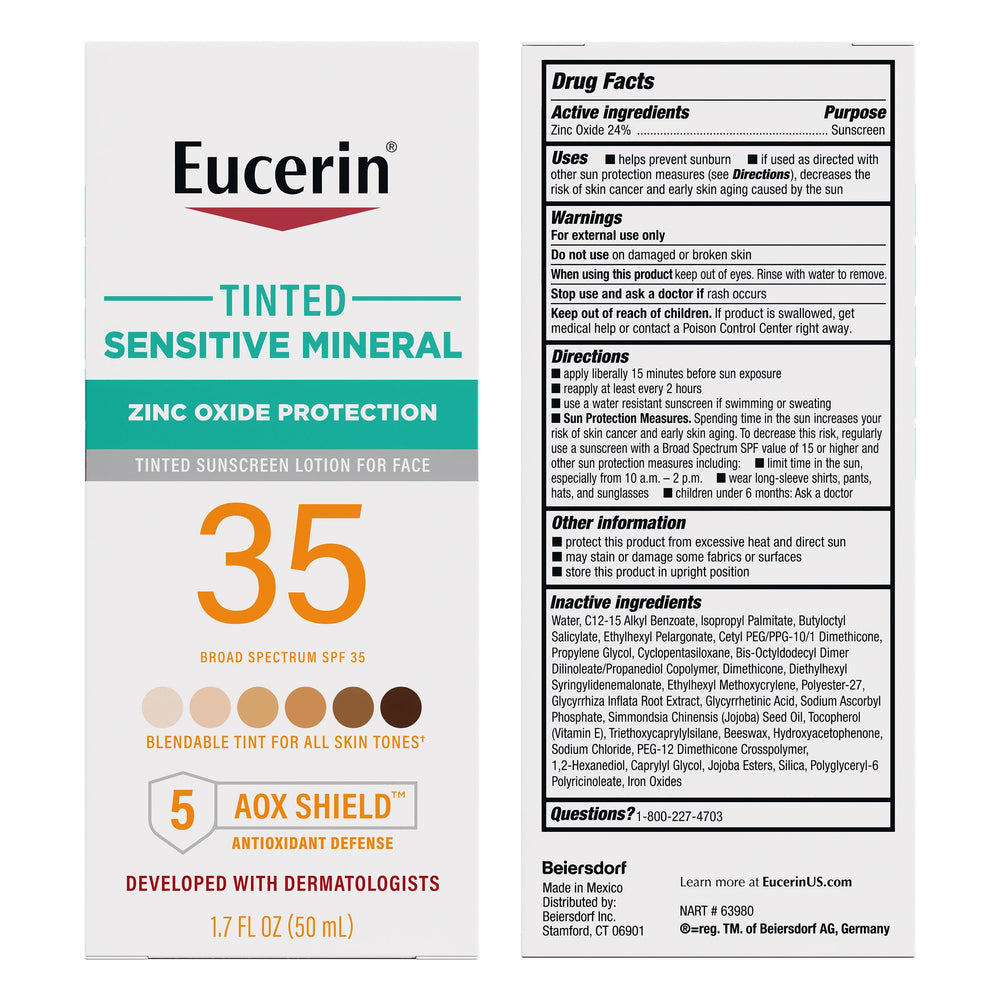 Travel-size bottle of Eucerin Sun Tinted Mineral Sunscreen Lotion with pump.