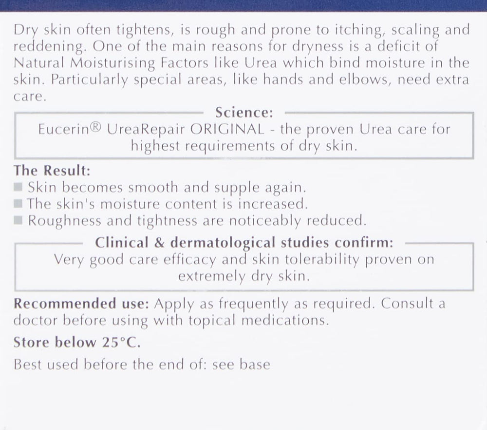 Eucerin UreaRepair cream application on elbow showing smoothing hydration.