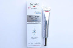 Eucerin Volume Filler Eye Contour 15ml bottle demonstrates smoothing action to reduce wrinkles around the eyes.