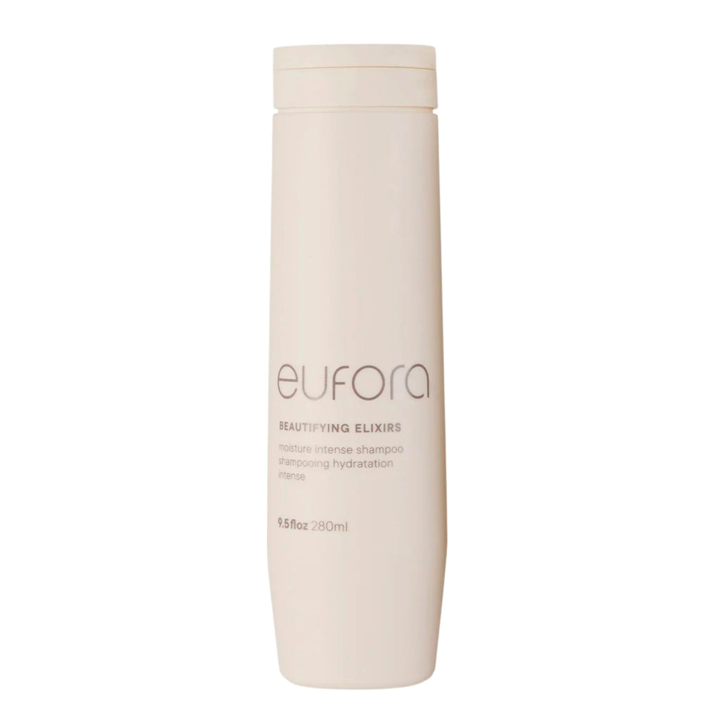 Eufora Beautifying Elixirs Moisture Intense Shampoo bottle delivering deep hydration for silky hair