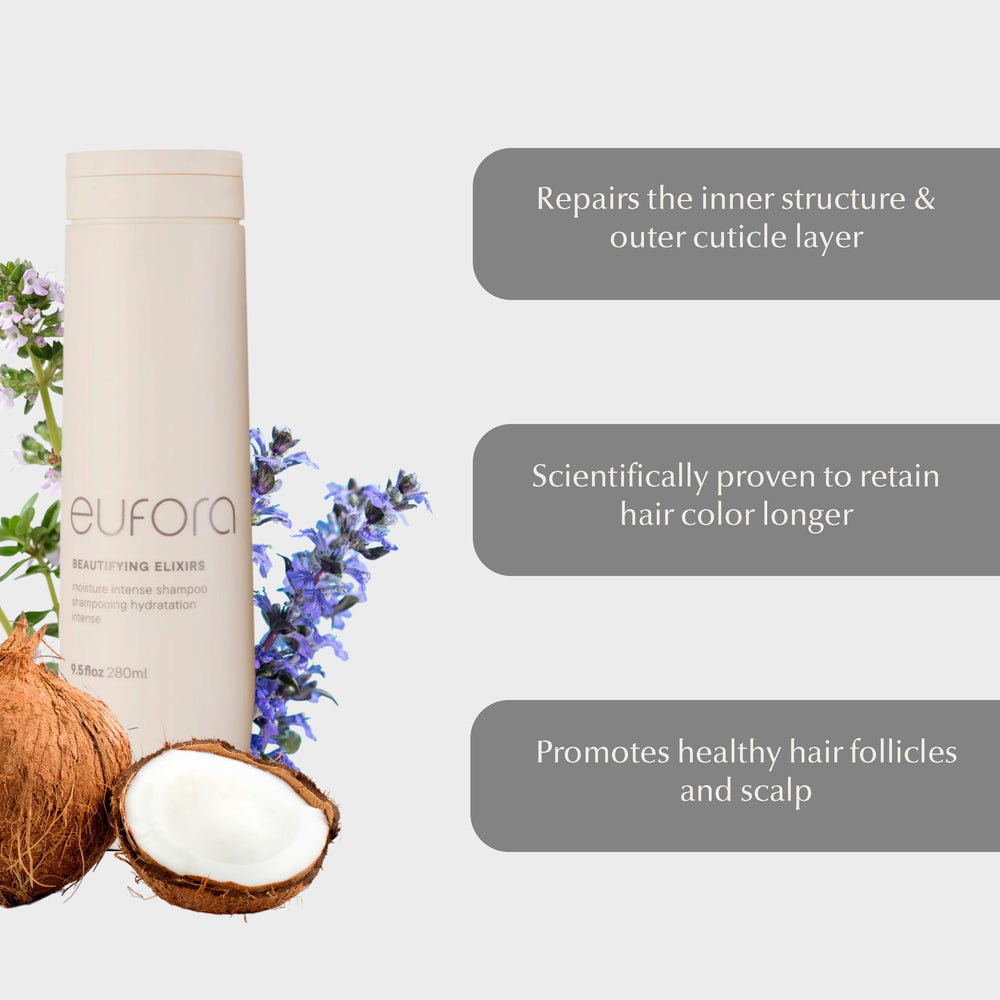 Eufora Beautifying Elixirs Moisture Intense Shampoo label close-up highlights premium ingredients