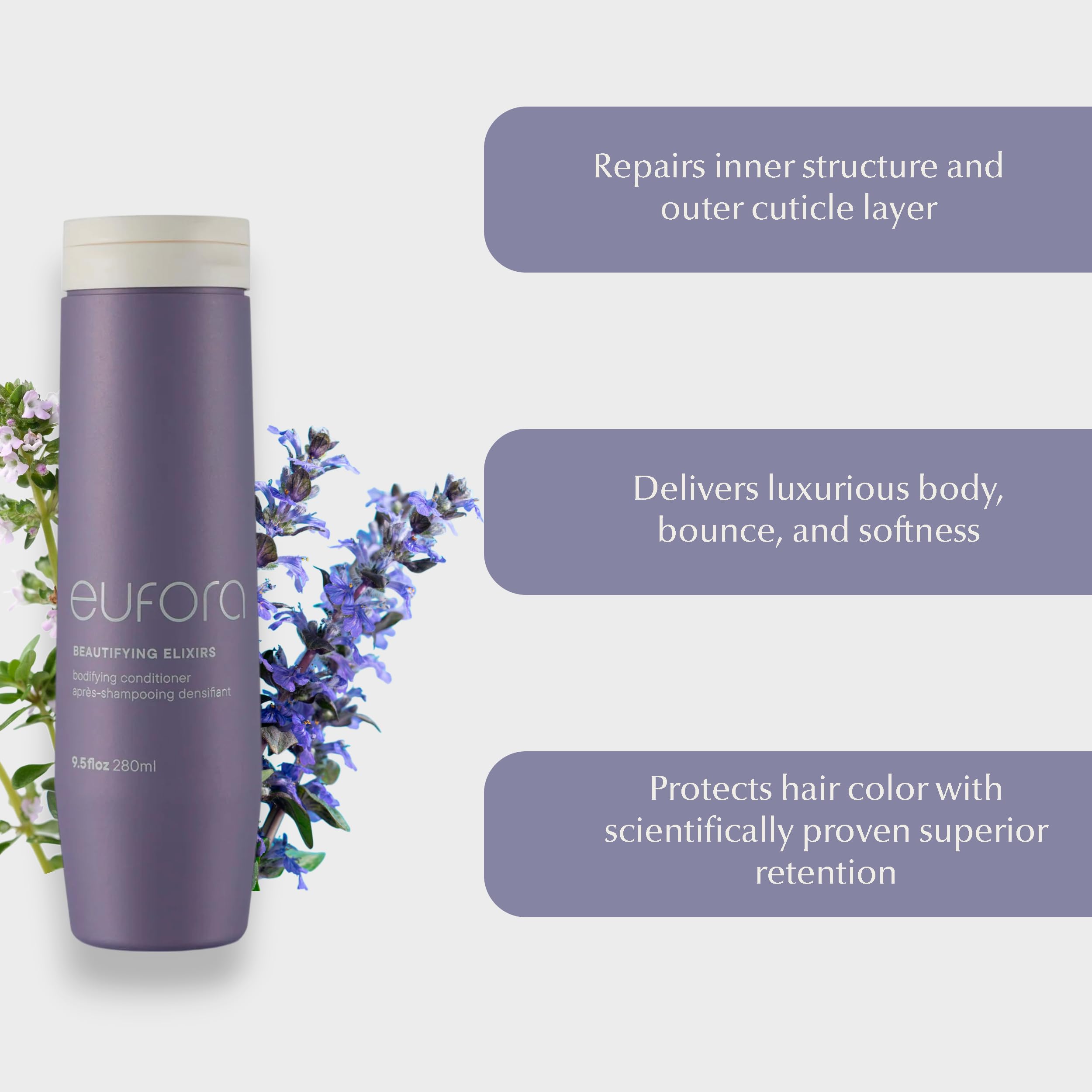 In-use shot showing smoother strands with bounce from Eufora Bodifying Conditioner.