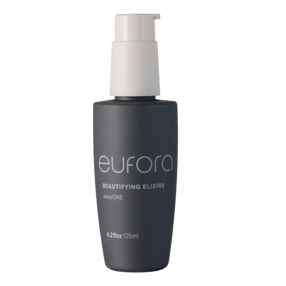Eufora Elixirone 4.2oz bottle pouring for radiant shine and smoothness