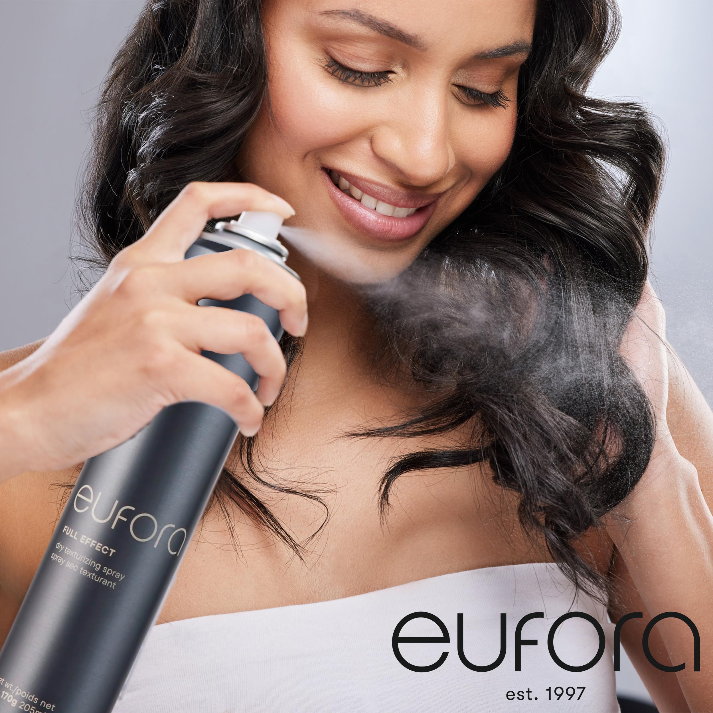 Eufora Full Effect Texturizing Spray color-protection formula helping maintain vibrancy during styling.