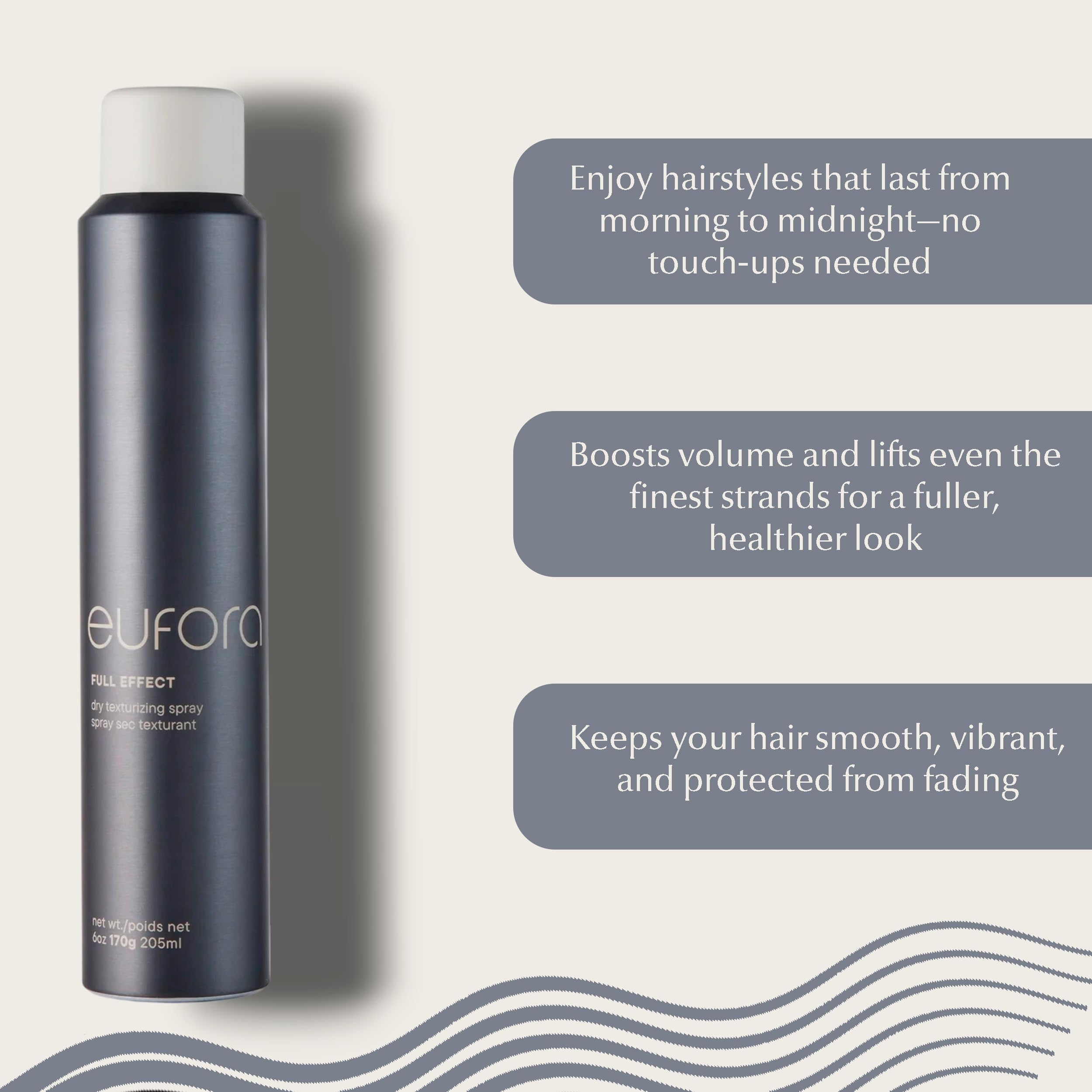 Eufora Full Effect Texturizing Spray applied to hair for added volume and texture.