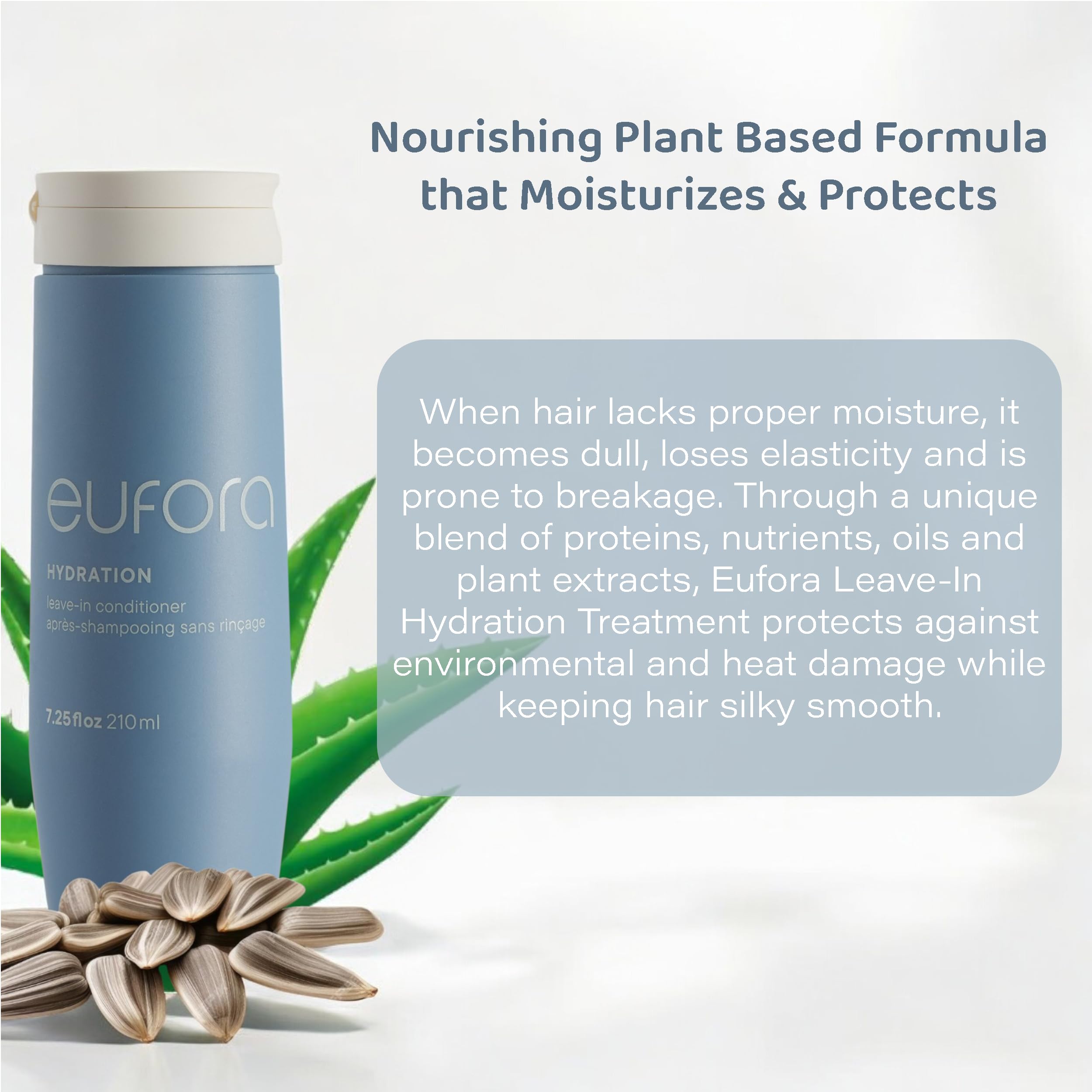 Hands applying Eufora Hydration Leave-In Conditioner to towel-dried hair for smoothing.