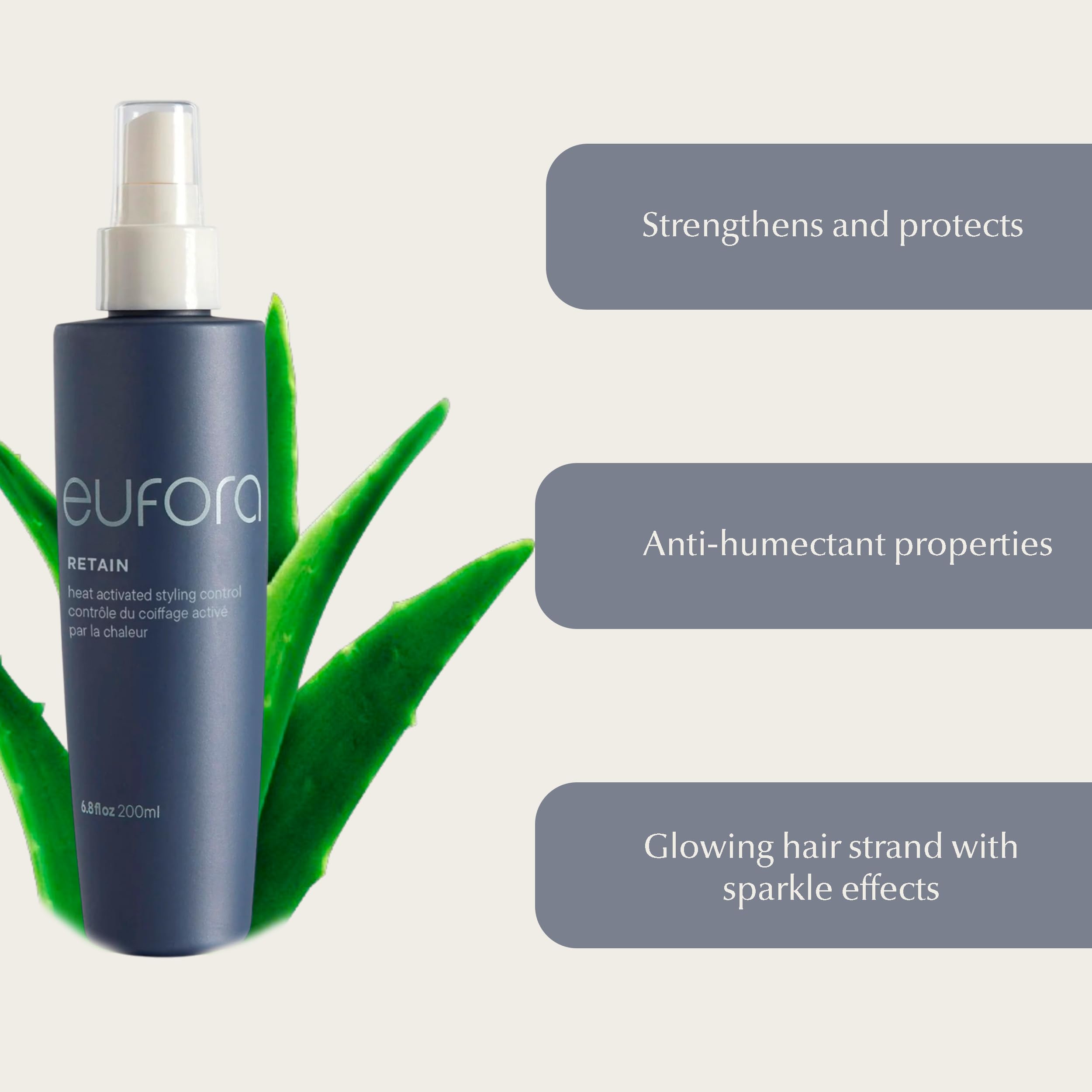 Shiny, defined curls with Eufora Retain heat protection spray.
