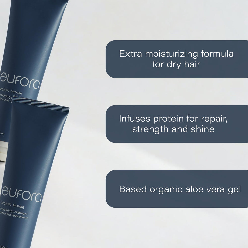 Eufora Urgent Repair Revitalizing Treatment label close-up highlights nourishing formula.