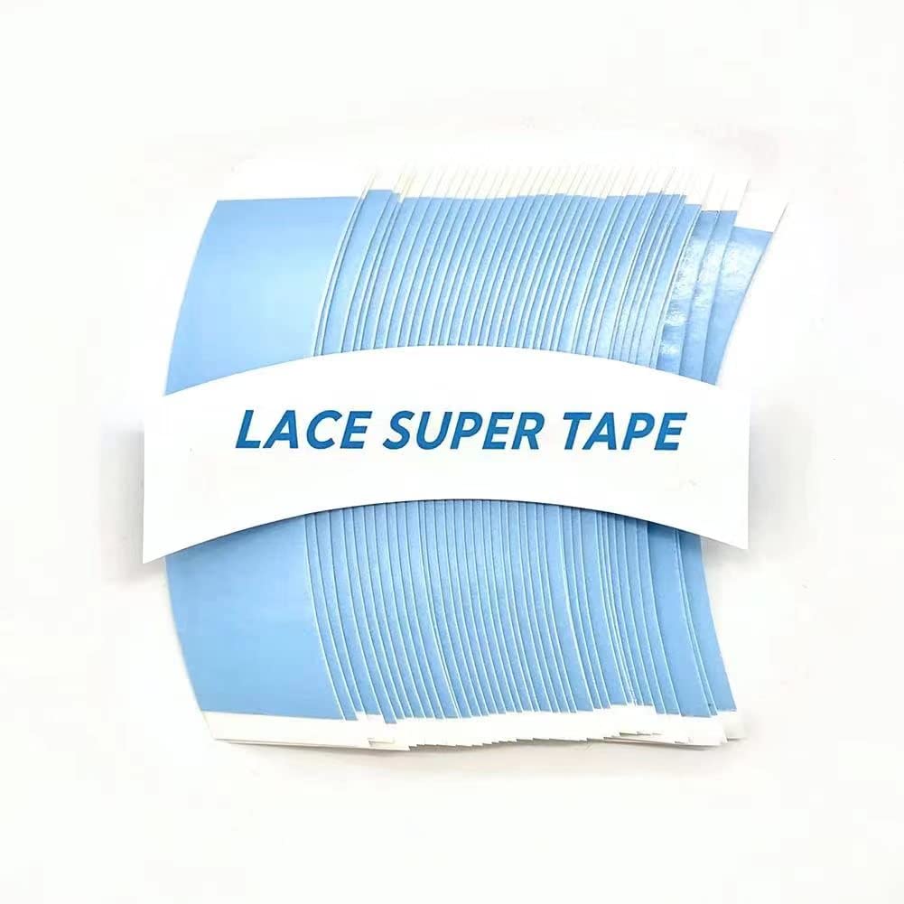 Eumos double-sided wig tape in blue with curved C shape for secure lace wigs.