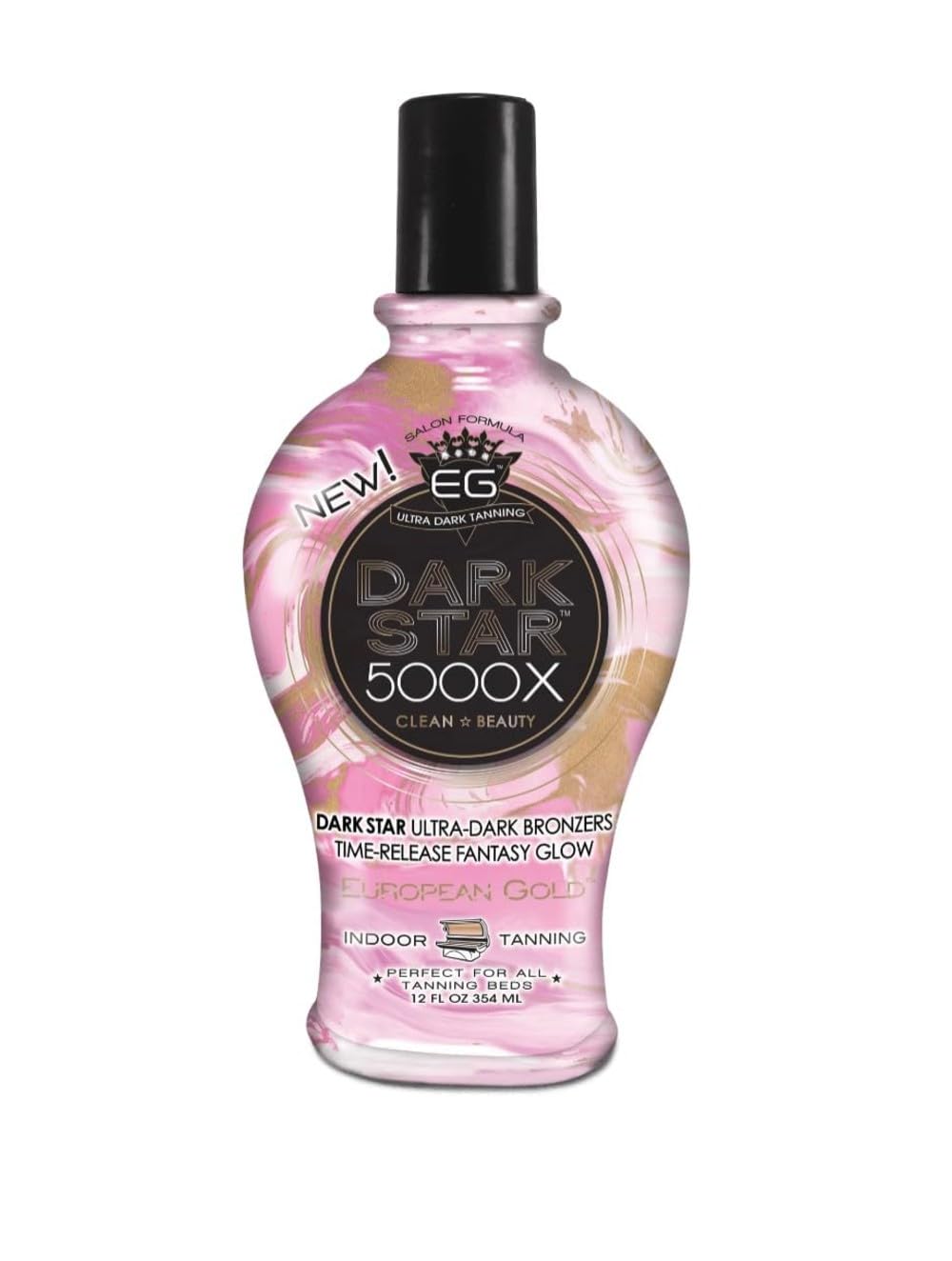 European Gold Dark Star 5000X bottle closeup showcases premium tanning formula.