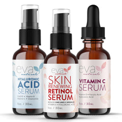 Eva Naturals anti-aging set packaging shows three serums for daily skincare.