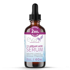 Eva Naturals azelaic acid serum bottle promotes even tone and gentle daily use.