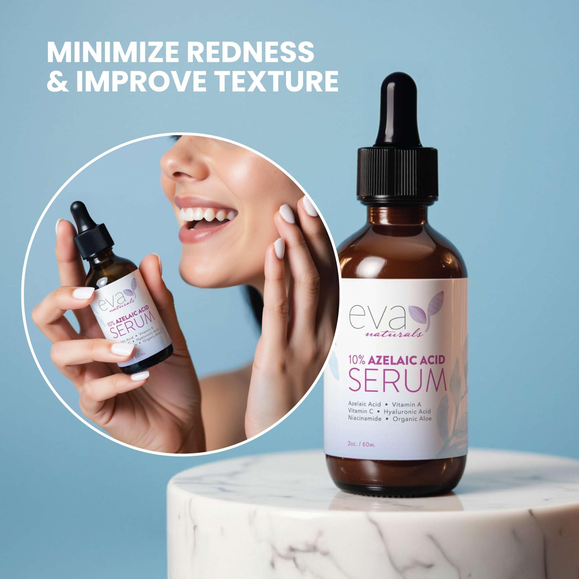 Eva Naturals serum bottle resting on a vanity showcase compact packaging.