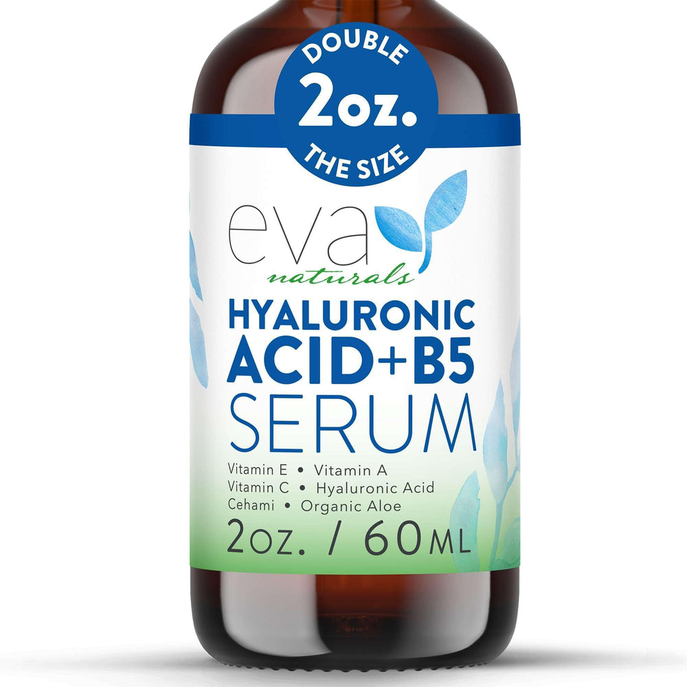 Eva Naturals Hyaluronic Acid + B5 Serum bottle pour showing rapid hydration for plump skin