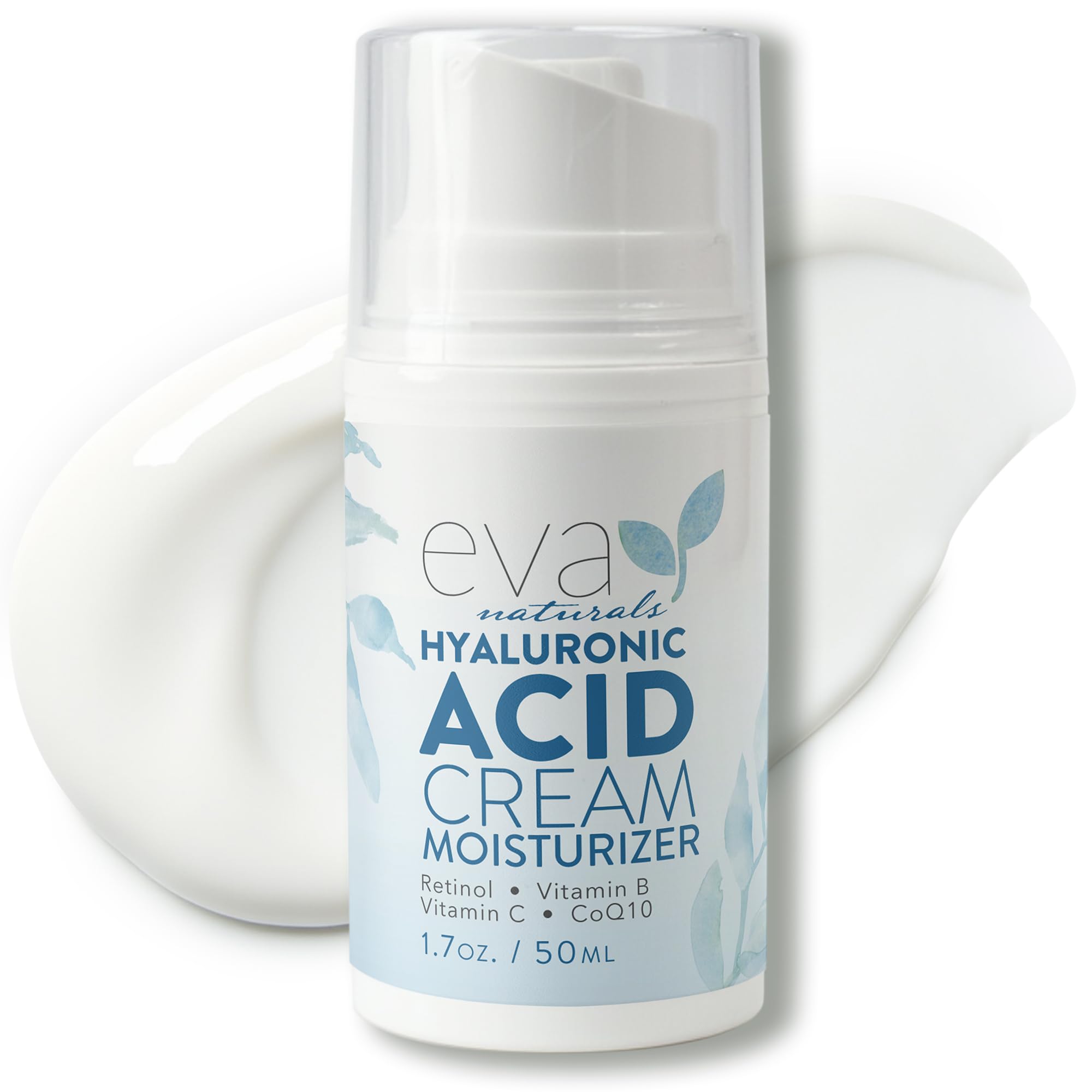 Eva Naturals Hyaluronic Acid Face Cream bottle close-up for deep hydration