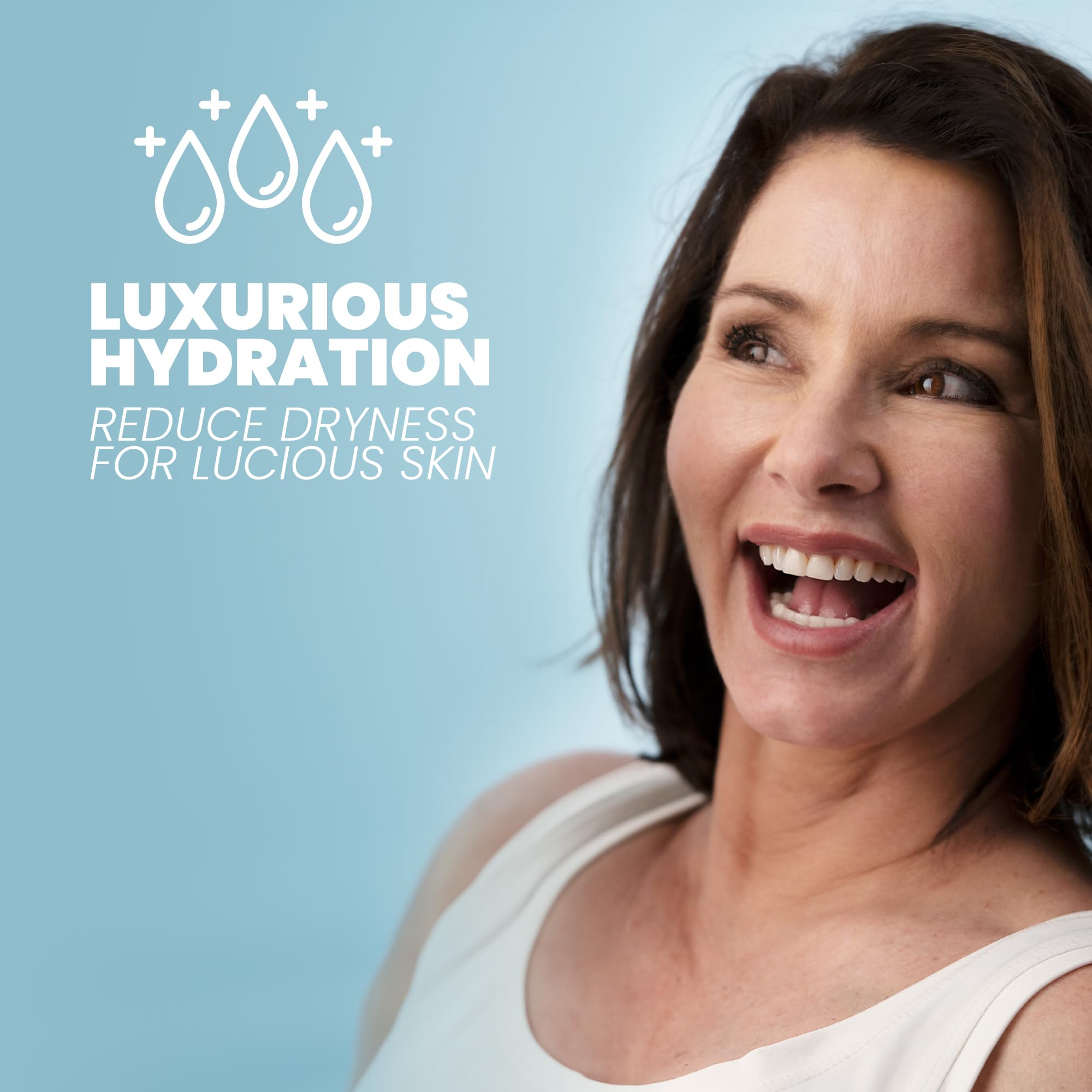 Eva Naturals hyaluronic acid nourished skin close-up suggests lasting hydration.