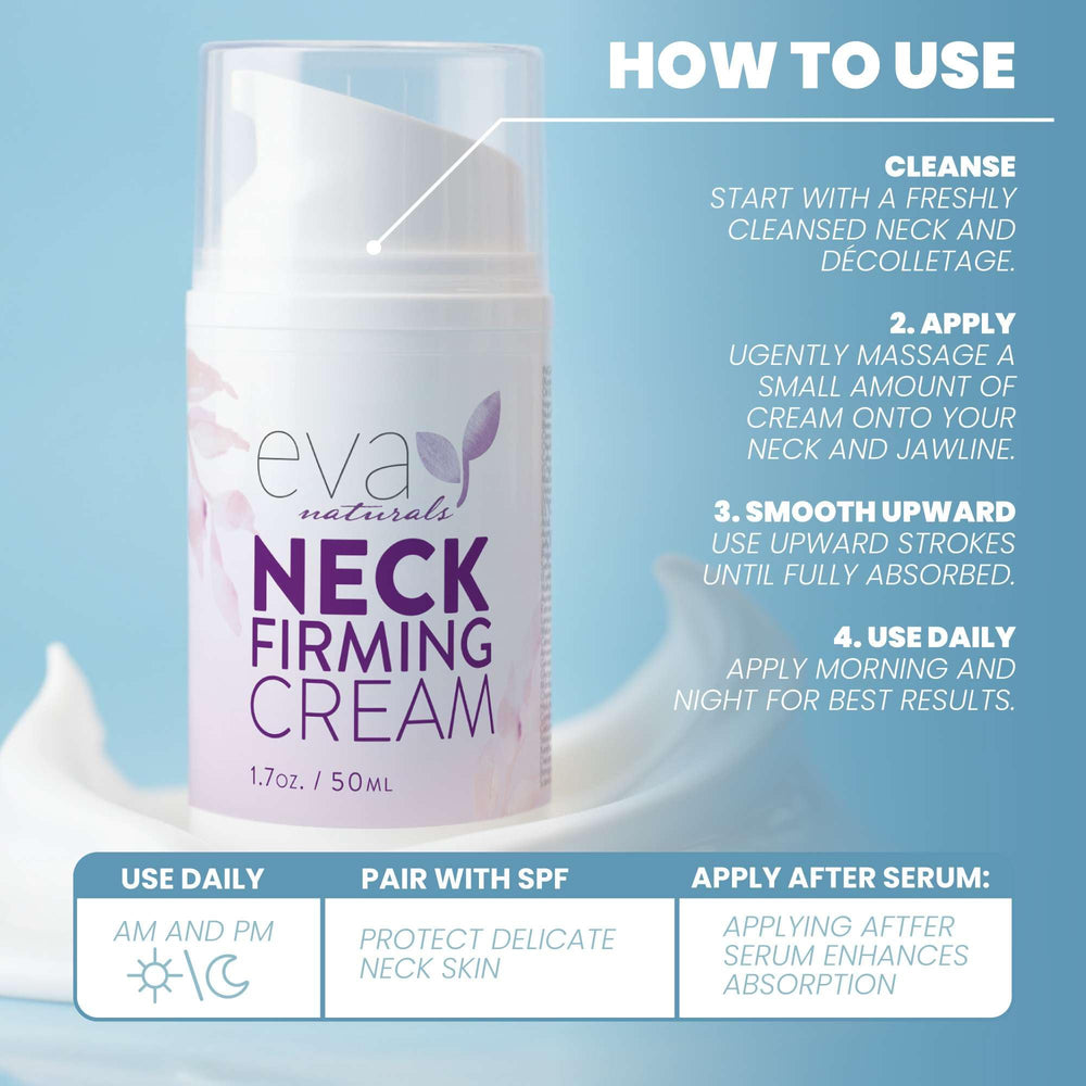 Hands applying Eva Naturals neck firming cream on neck area