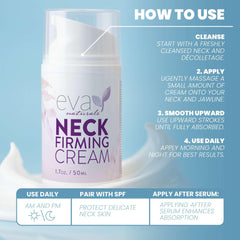 Hands applying Eva Naturals neck firming cream on neck area