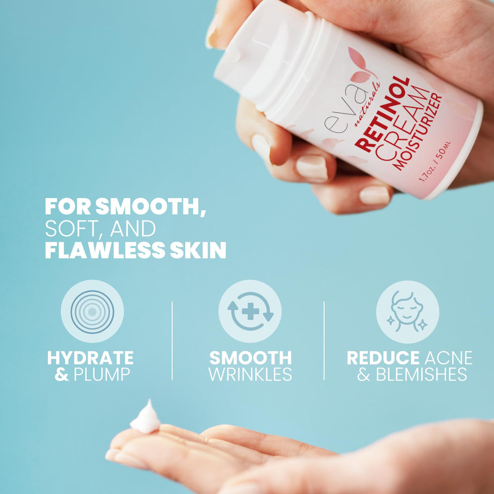 Eva Naturals retinol cream application swatch demonstrates creamy texture for night routine.