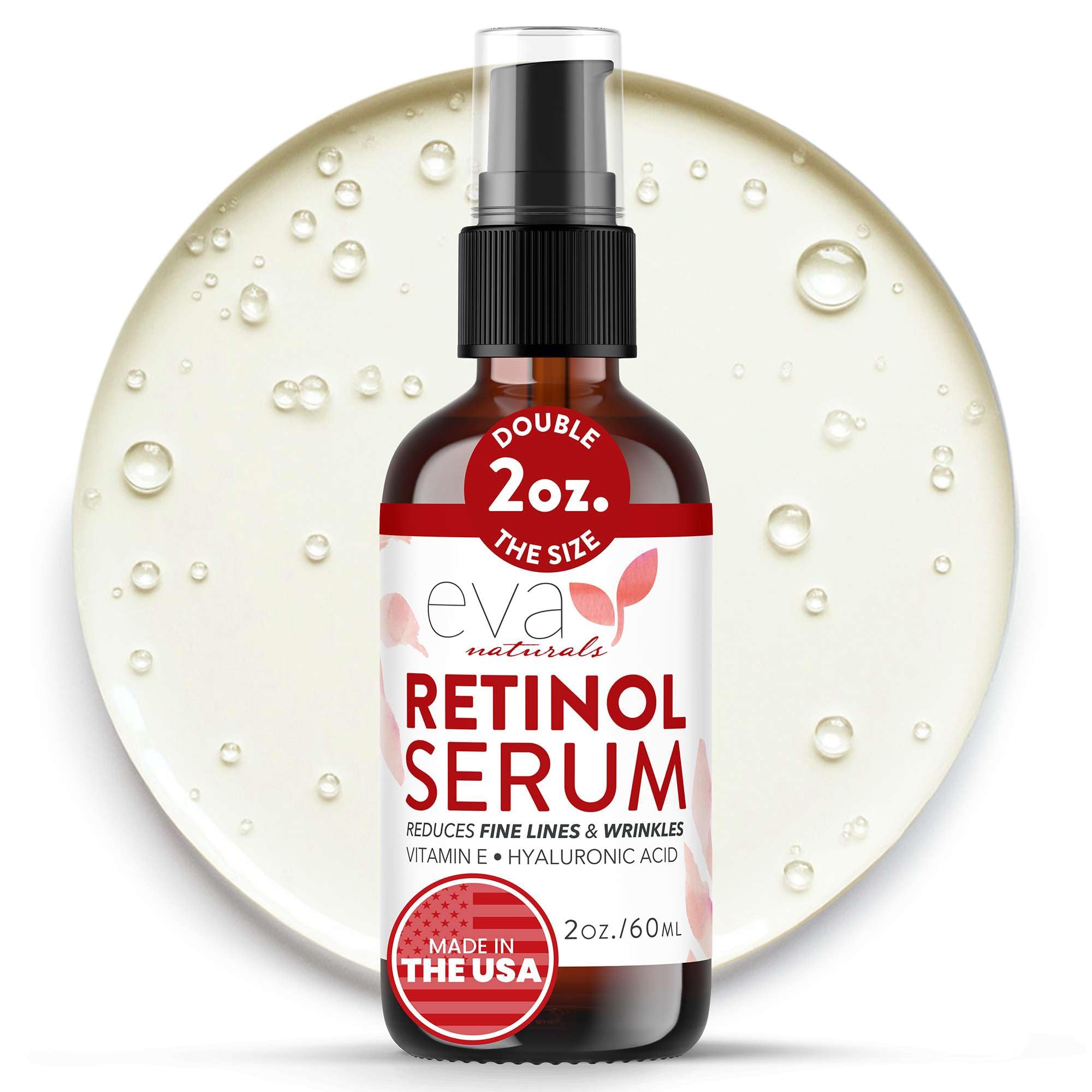 Eva Naturals Retinol Serum bottle with dropper enables precise nightly application for smoother skin.
